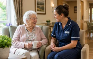 Elderly-resident-sharing-a-warm-conversation-with-a-uniformed-carer-in-a-bright-and-comfortable-care-home-lounge