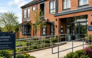 Modern-UK-residential-care-home-exterior-with-accessibility-ramp-red-brick-facade-landscaped-garden-and-welcoming-entrance