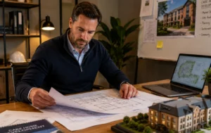 Property-developer-reviewing-architectural-blueprints-for-a-care-home-with-a-scale-model-on-a-modern-office-desk