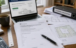 C2-Planning-application-documents-architectural-drawings-and-Planning-Portal-website-shown-on-an-office-desk