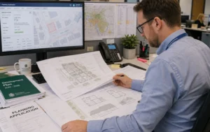 C2-Planning-officer-reviewing-architectural-drawings-and-planning-documents-at-a-council-office-desk