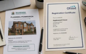 C2-Planning-permission-document-beside-an-Ofsted-registration-certificate-showing-separate-approval-processes-for-residential-care-homes
