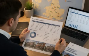 Specialist-Supported-Housing-Investment-portfolio-review-showing-an-investor-analysing-property-data-investment-reports-and-UK-housing-opportunity-maps