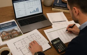 C2-Care-Home-Conversion-investment-analysis-with-a-property-investor-reviewing-financial-documents-floor-plans-and-development-costs
