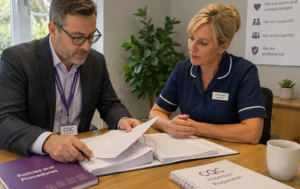 CQC-Care-Home-Inspection-process-with-a-care-quality-inspector-reviewing-compliance-documents-with-a-care-home-manager-in-a-professional-office-setting