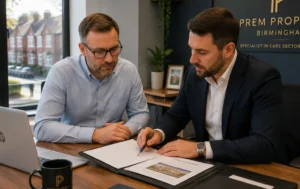 Care-Property-Lease-consultation-between-a-landlord-and-property-specialist-reviewing-care-sector-lease-documents-in-a-Birmingham-office