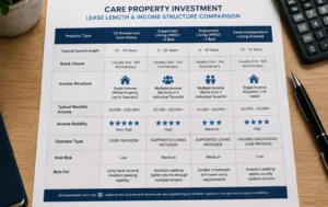 Care-Property-Lease-investment-comparison-chart-showing-different-care-property-types-lease-lengths-and-income-structures-on-a-desk