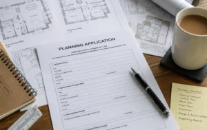 planning-application-forms-and-architectural-floor-plans-on-a-wooden-desk-with-a-pen-white-mug-of-tea-and-natural-window-light