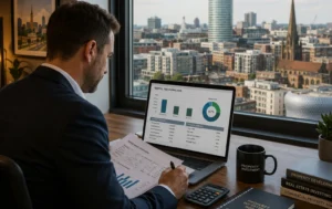 property-investor-reviewing-financial-documents-and-rental-yield-data-on-a-laptop-with-the-birmingham-cityscape-visible-through-the-office-window