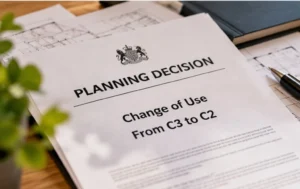 C2-Change-of-Use-planning-decision-document-marked-Change-of-Use-From-C3-to-C2-resting-on-floor-plans