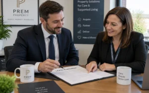 Care-Home-Landlord-discussing-a-lease-agreement-with-a-care-provider-representative-during-a-professional-meeting-at-a-property-specialist-office