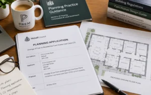 Care-Home-Landlord-reviewing-planning-application-documents-and-architectural-floor-plans-for-a-residential-care-home-conversion-on-a-desk-with-compliance-paperwork