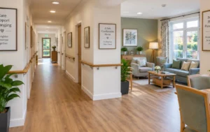 Care-Home-Landlord-viewing-a-modern-accessible-residential-care-home-interior-with-wide-corridors-safety-handrails-and-comfortable-communal-living-spaces