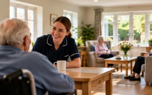Care-worker-talking-with-a-wheelchair-user-in-a-care-home-lounge-illustrating-C2-Change-of-Use