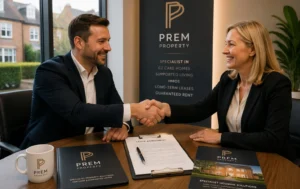 Residential-Care-Home-for-Lease-consultation-between-a-landlord-and-property-specialist-reviewing-lease-documents-and-care-property-investment-opportunities