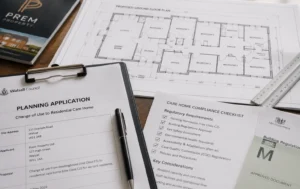 Residential-Care-Home-for-Lease-planning-process-showing-architectural-floor-plans-compliance-paperwork-and-regulatory-documents-for-care-property-conversion