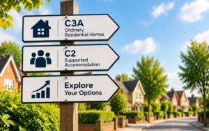 Use-Class-C3A-residential-use-categories-illustrated-with-directional-signs-comparing-ordinary-homes-supported-accommodation-and-property-options