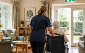 care-home-fire-safety-support-with-care-worker-assisting-resident-in-wheelchair-inside-safe-residential-care-home