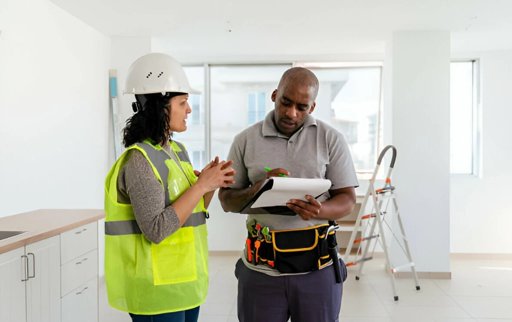 A-construction-worker-and-a-supervisor-are-discussing-plans-while-standing-in-a-partially-finished-room-with-one-taking-notes-on-a-clipboard