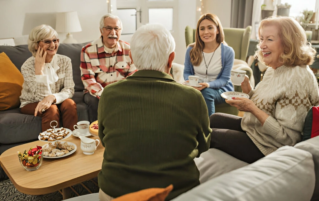 A-group-of-elderly-people-and-a-younger-woman-are-enjoying-a-tea-party-smiling-and-engaging-in-conversation-around-a-coffee-table-with-snacks