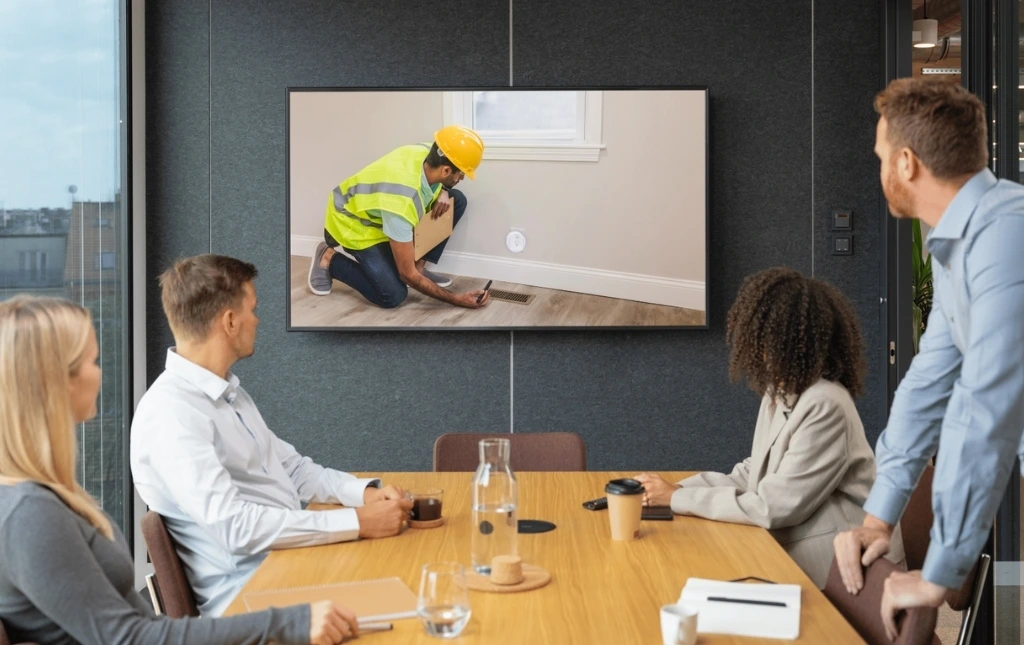 A-group-of-professionals-in-a-meeting-watching-a-video-of-a-contractor-installing-a-smoke-detector-on-a-wall