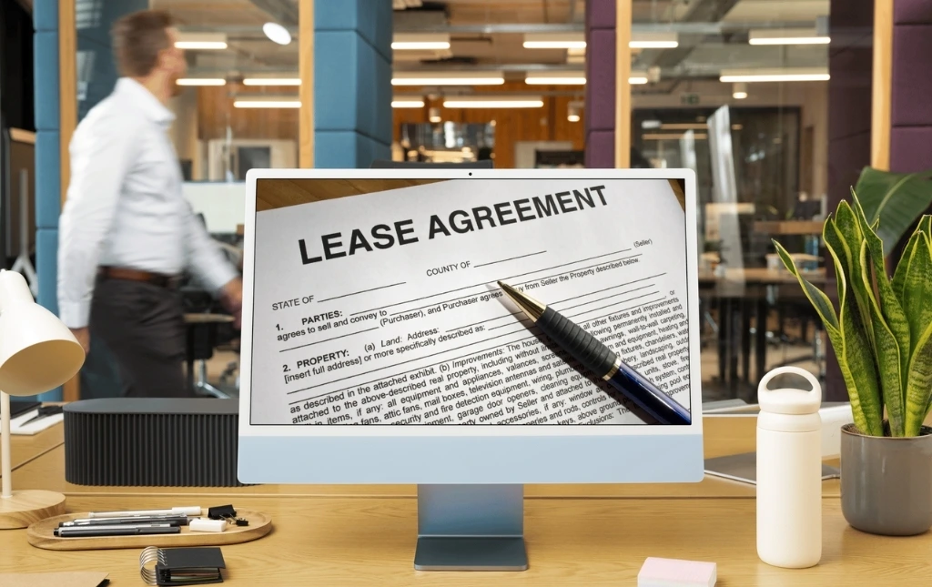 A-lease-agreement-on-a-computer-screen-with-a-pen-resting-on-the-paper-in-an-office-environment-with-a-person-walking-pas