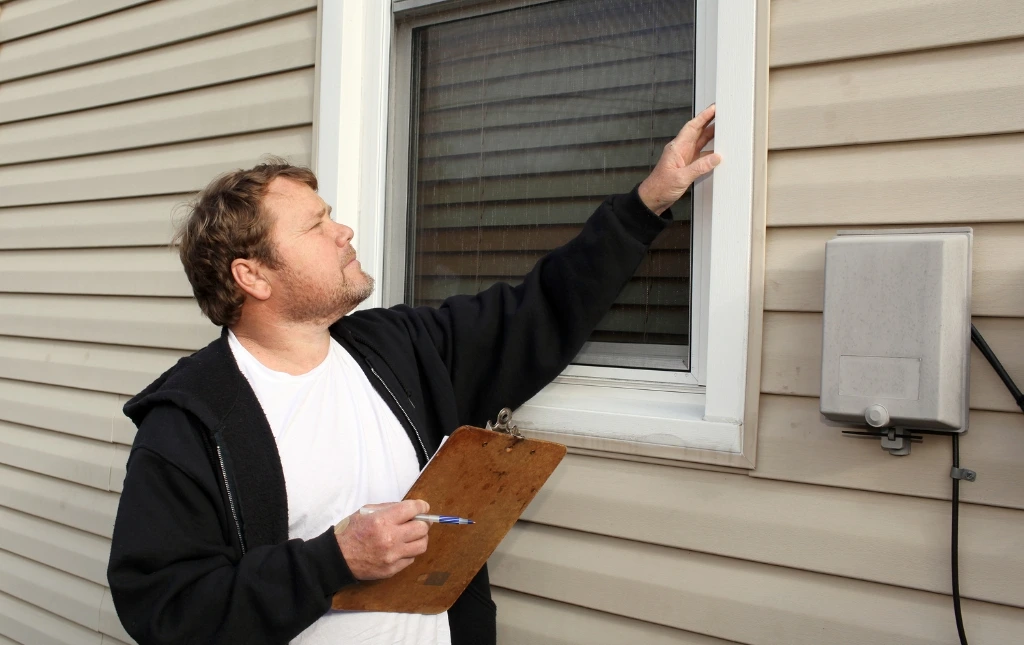 A-man-inspecting-a-window-on-the-exterior-of-a-building-while-holding-a-clipboard-and-pen-regulatory-compliance