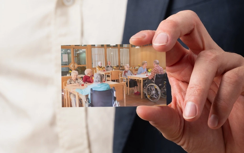 A-person-holding-a-photo-of-elderly-individuals-in-a-community-dining-setting-with-wheelchair-users-and-other-senior-residents-at-tables