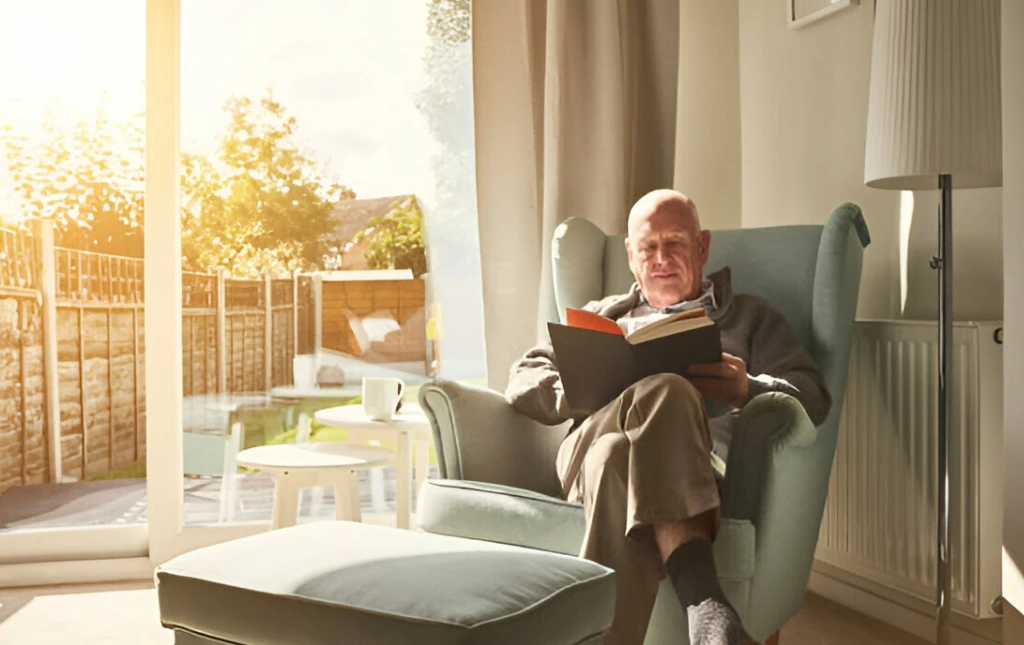 An-elderly-man-is-sitting-in-an-armchair-reading-a-book-in-a-well-lit-room-with-sunlight-streaming-through-the-window-and-a-garden-visible-outside