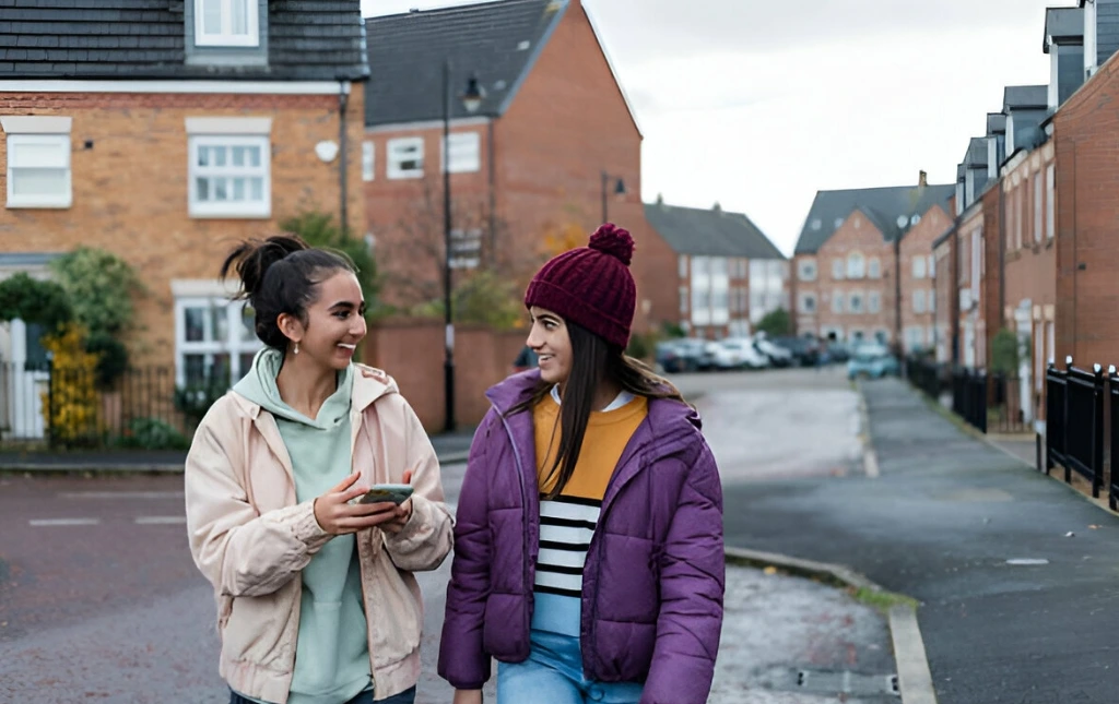 Two-women-are-walking-and-chatting-on-a-residential-street-wearing-casual-warm-clothing-in-a-suburban-neighborhood