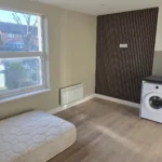 A-partially-furnished-room-with-a-mattress-washing-machine-and-wall-paneling.
