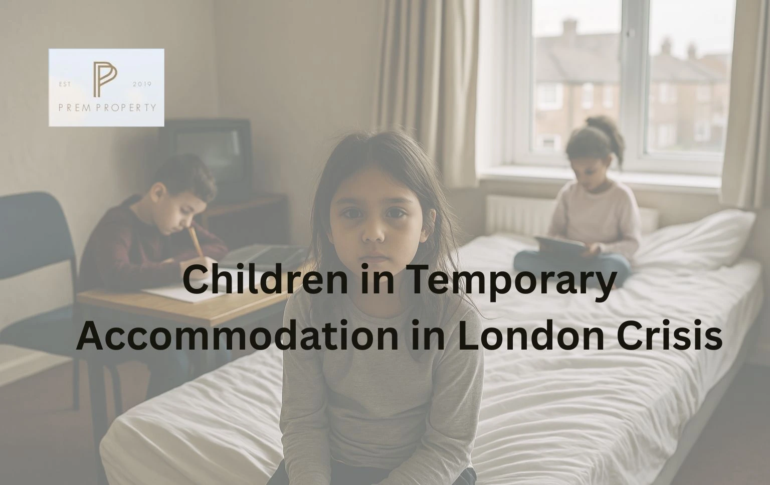 Children-in-a-small-room-on-a-bed-and-at-a-desk-with-serious-expressions-highlighting-the-crisis-of-children-in-temporary-accommodation-in-London