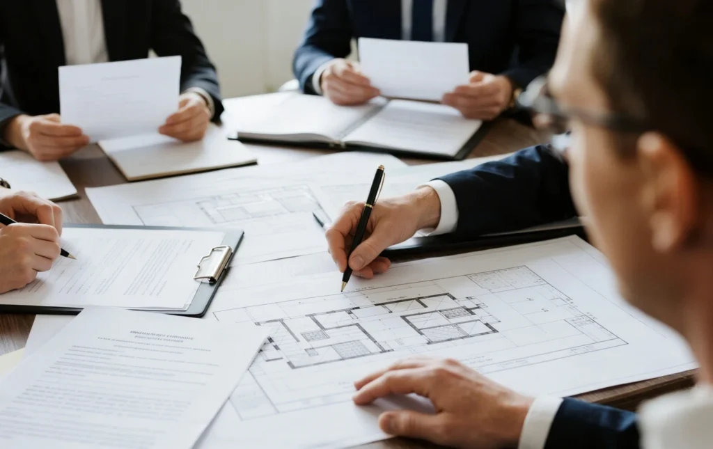 Commissioners-reviewing-architectural-plans-at-the-table