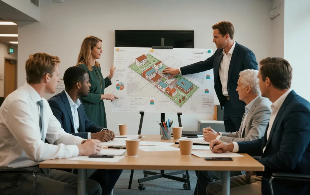 Group-of-professionals-presenting-a-housing-project-plan-to-a-team-working-with-housing-associations