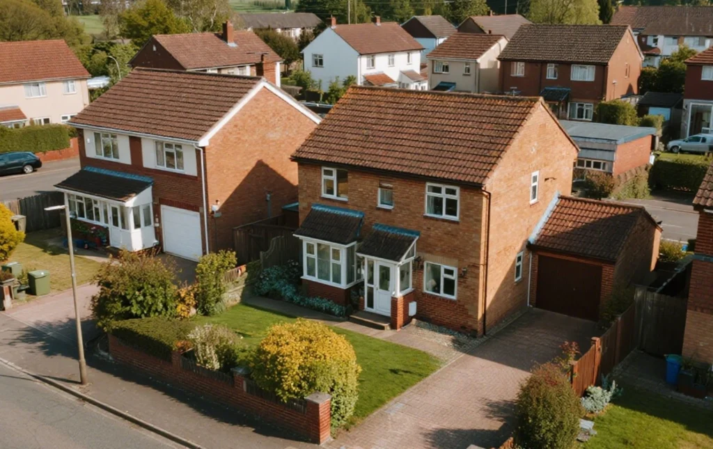A scenic view of a typical residential housing estate in the UK, featuring a variety of semi-detached and terraced houses. The estate is located in a suburban area,