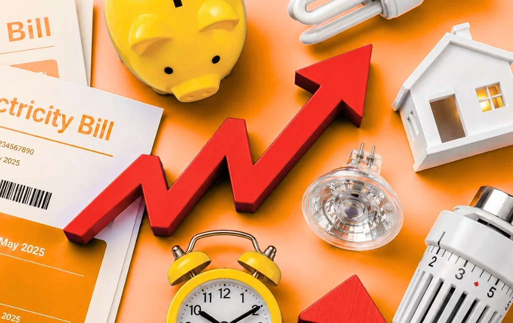 An-arrangement-of-utility-bills-a-piggy-bank-lightbulbs-an-alarm-clock-and-a-red-arrow-showing-an-increase-in-costs-1