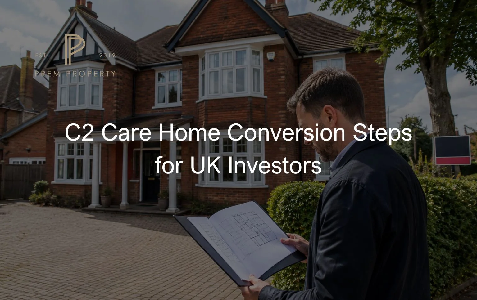 C2-Care-Home-Conversion-assessment-showing-a-planning-consultant-reviewing-architectural-drawings-outside-a-large-UK-residential-property