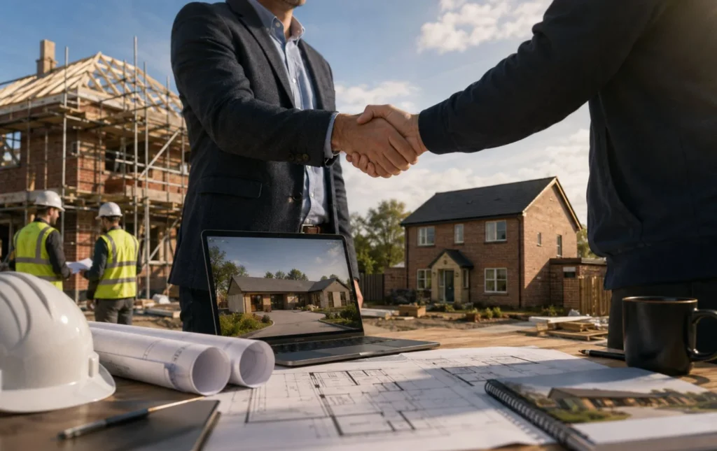 Overcoming-Obstacles-and-Scaling-the-Portfolio-with-property-professionals-shaking-hands-at-a-UK-residential-development-site-with-blueprints-and-construction-plans