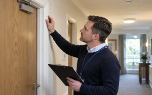 fire-safety-assessor-inspecting-a-fire-door-as-part-of-c2-property-due-diligence
