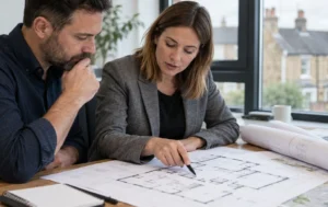 landlord-and-planning-professional-reviewing-floor-plans-as-part-of-c2-property-due-diligence