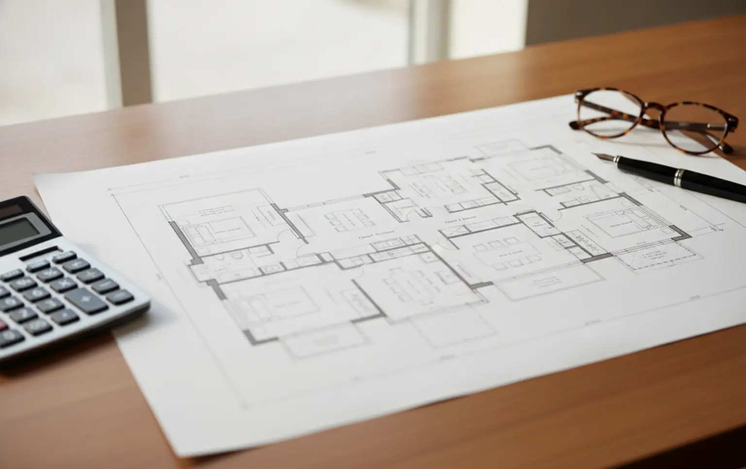 A floor plan on a desk being reviewed, demonstrating the assessment of property requirements for care home layouts.