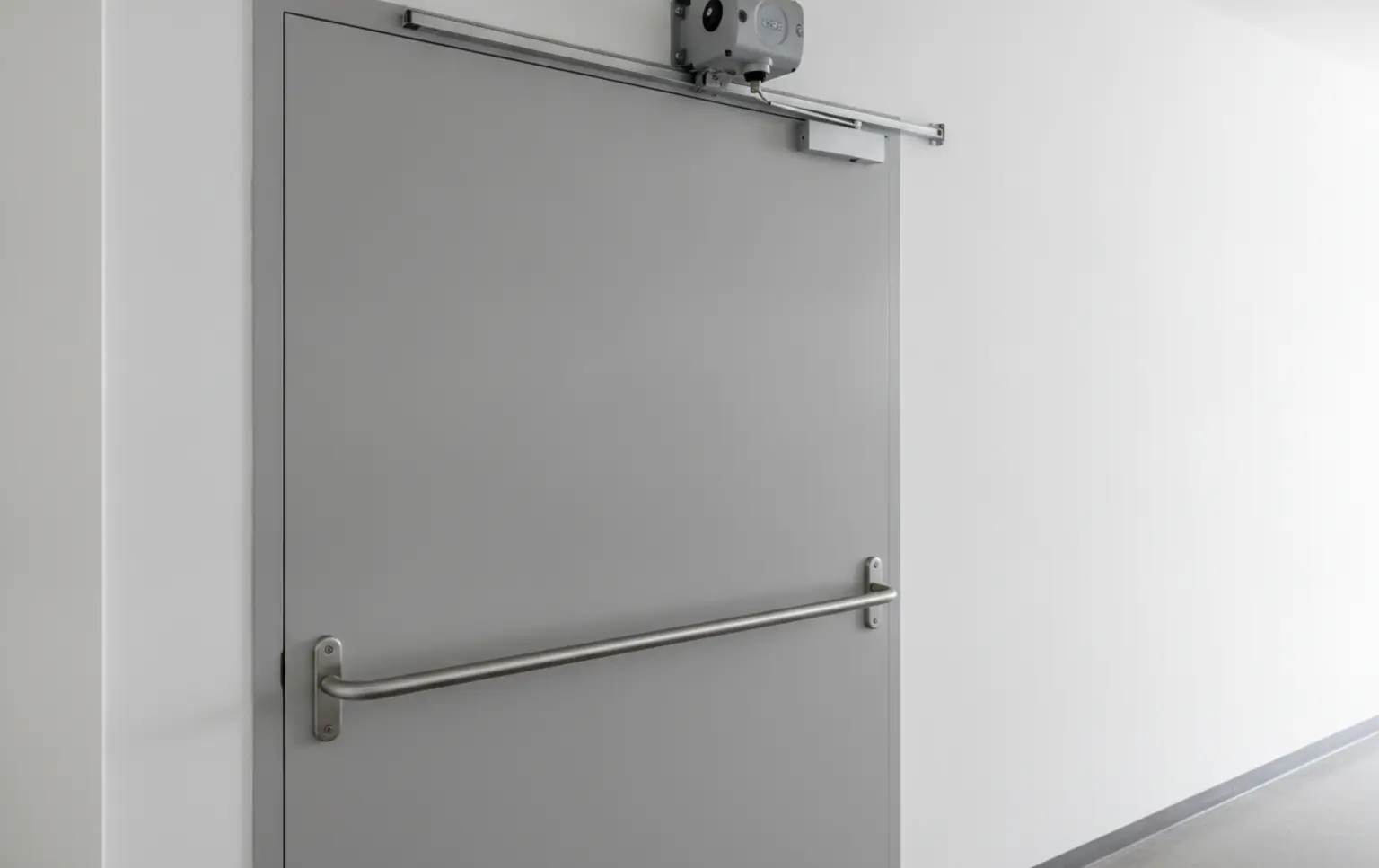 A certified fire door with an automatic closer installed in a hallway, a key health and safety feature.