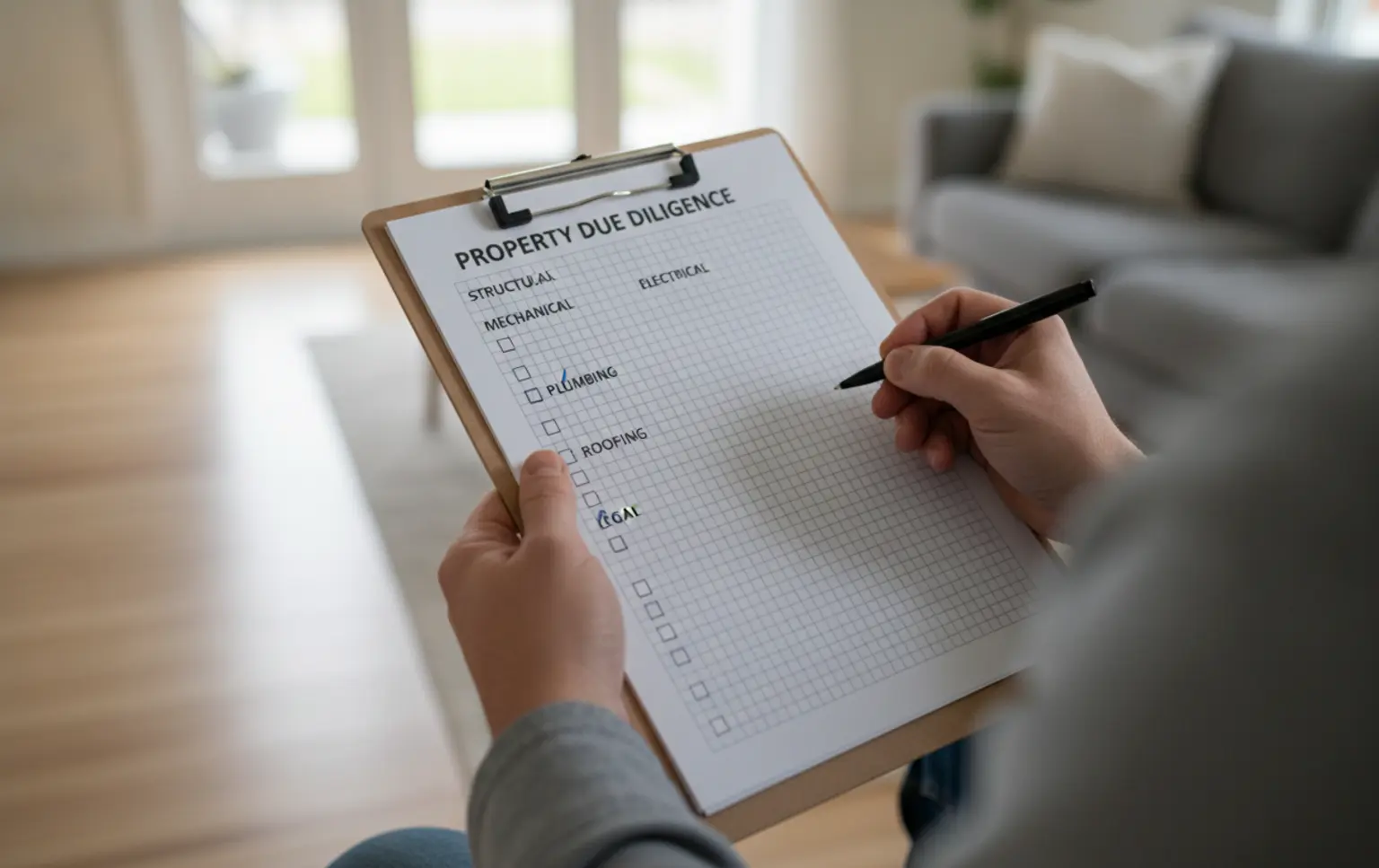A person holding a clipboard with a checklist, conducting a professional property assessment.