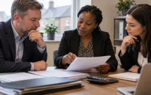 three-professionals-reviewing-lease-documents-during-property-due-diligence-for-a-care-home